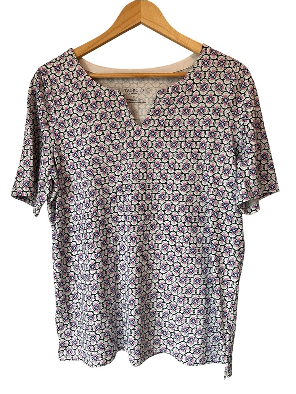 Talbots Cream & Pink Geometric Short Sleeve Summer Top, Size 1X